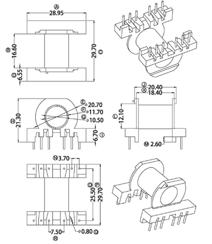 ER2828EC28骨架卧式6+6针变压器材料排距=25.5mm