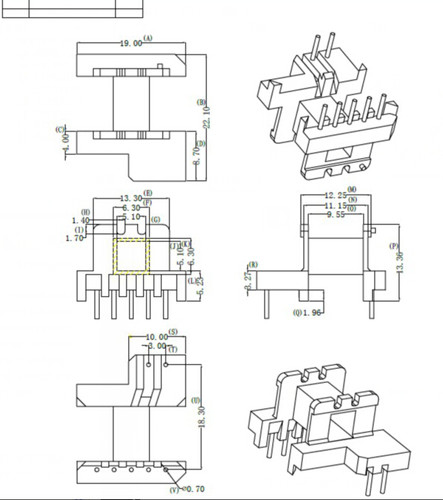 EE19骨架磁芯直插单槽卧式5+2针变压器材料排距=18.3mm