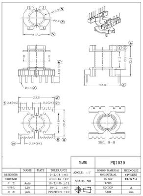 PQ2020骨架立式6+8pin有配套磁芯销售BOBBIN