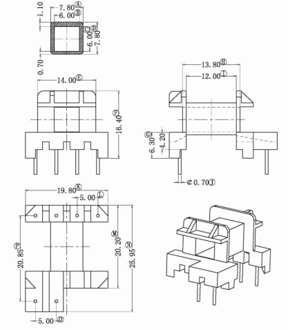 EF20骨架卧式4+2针高频变压器材料