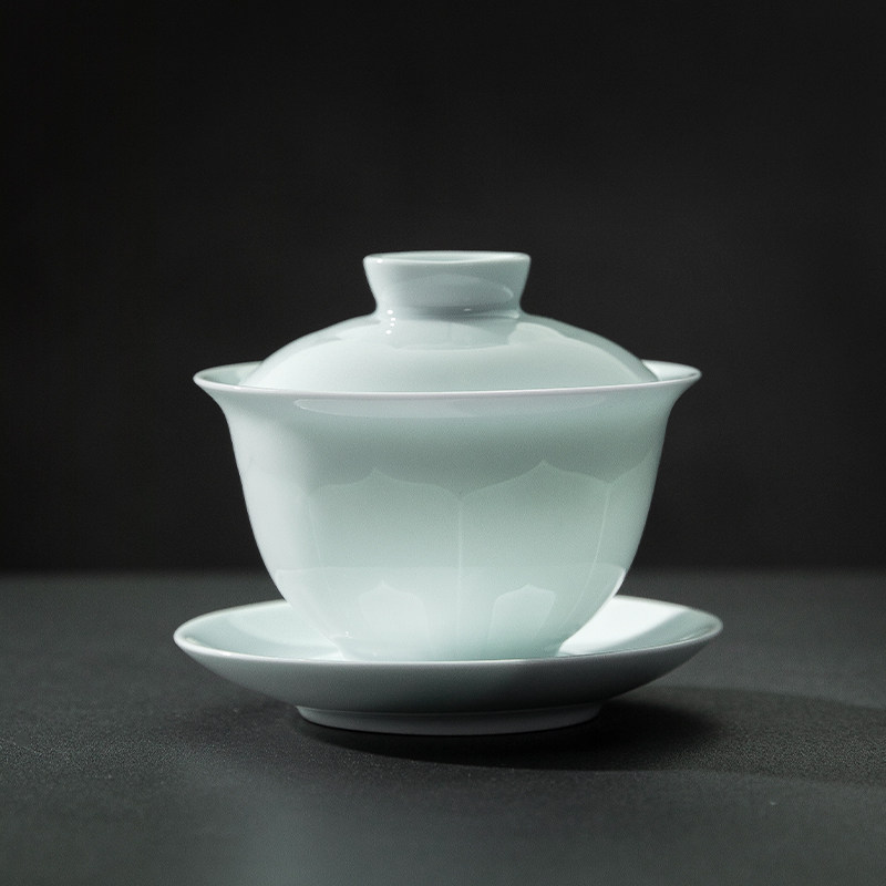 莲花景德镇不烫手三才盖碗青釉纯色陶瓷高档礼盒装套装三件装茶杯