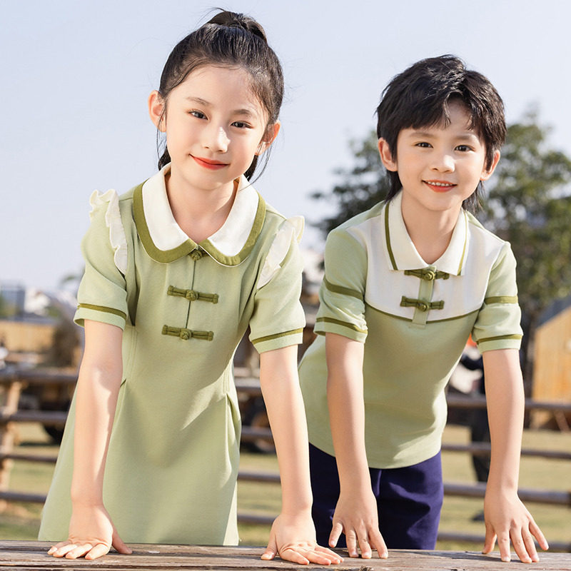 中国风灰绿色校服套装小学生夏季新款男女童年级班服幼儿园演出服