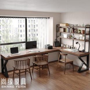 家用靠墙拐角办公桌书房l型双人电脑 厂家实木转角长书桌书架一体