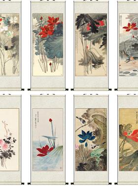 中国画花鸟画张大千五色画茶馆书画装饰画卷轴丝绸绢墨荷花