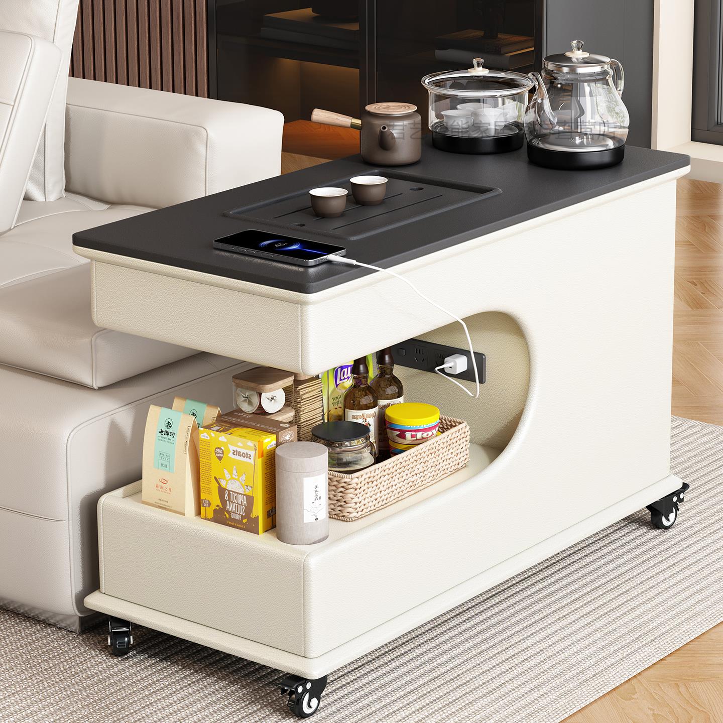 沙发边几岩板2025款客厅可移动沙发边柜一体烧水茶台小推车带排插