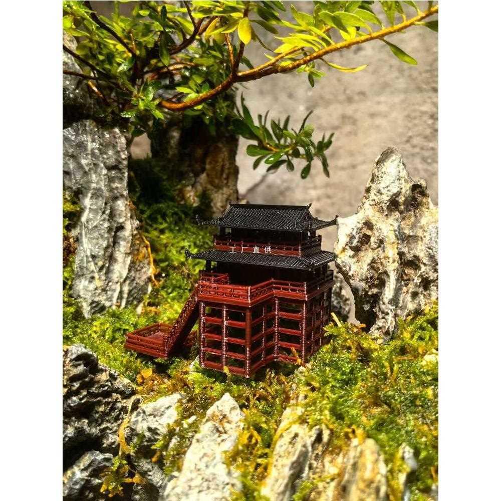 鱼缸造景古建筑两层吊脚楼造景小摆件模型书房假山水陆缸庭院盆景