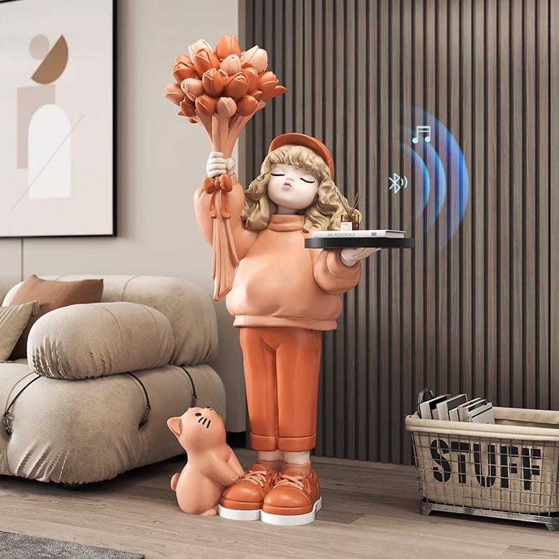 创意卡通女孩大型客厅落地托 讬盘摆件沙发电视柜旁轻奢生日乔迁
