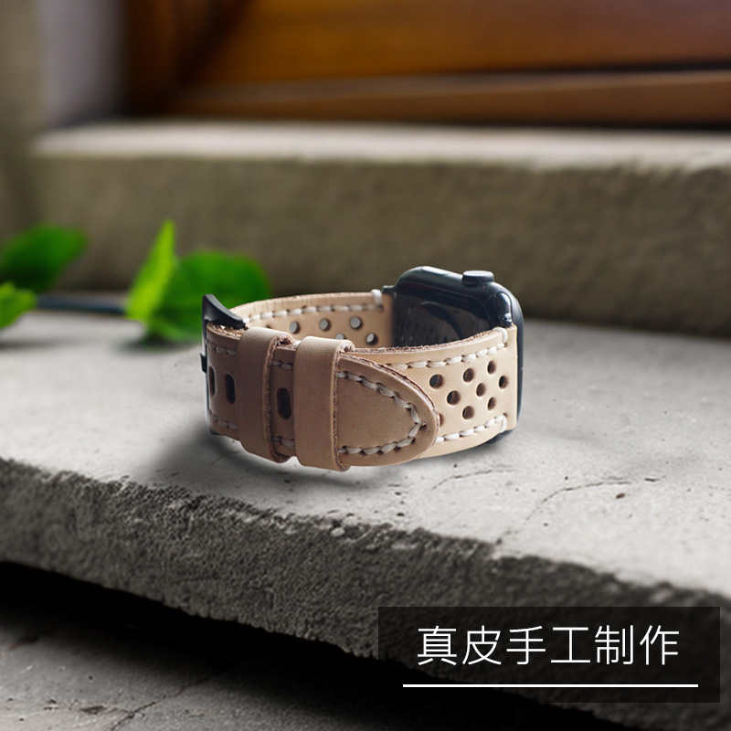复古手工真皮适用苹果手表表带夏日镂空小众植鞣皮iwatchse表带