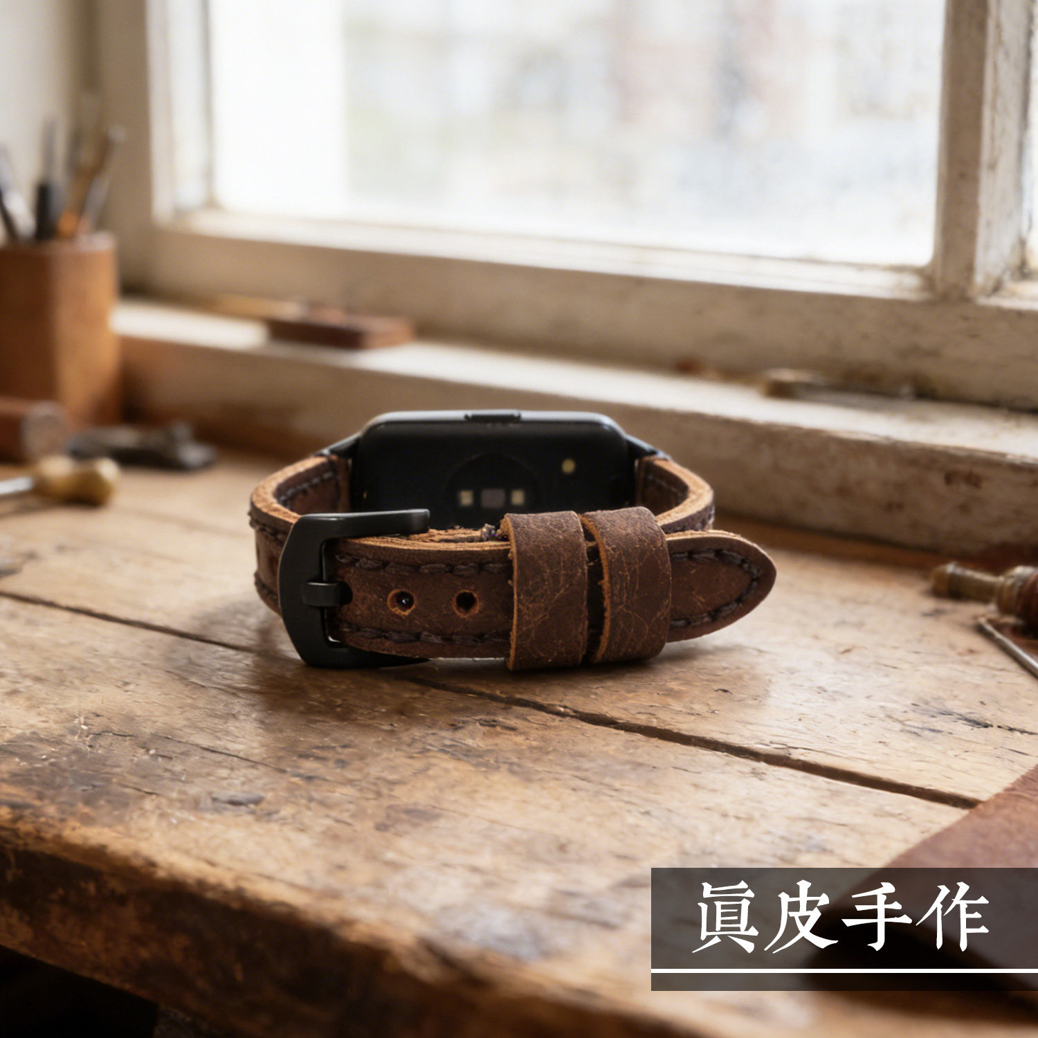 复古手工牛皮适用华为手环11表带男10代真皮磨砂做旧植鞣皮腕带