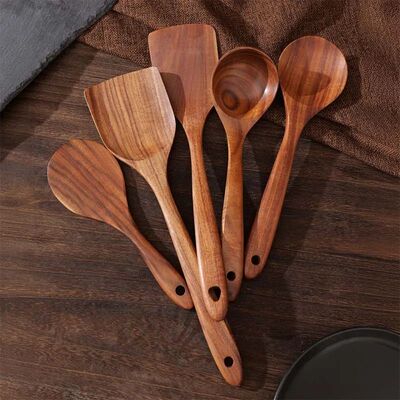 5 Pcs Boho Osier Wooden Cooking Utensils Set - Natural Wood