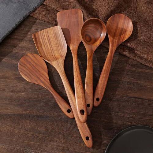 5 Pcs Boho Osier Wooden Cooking Utensils Set - Natural Wood