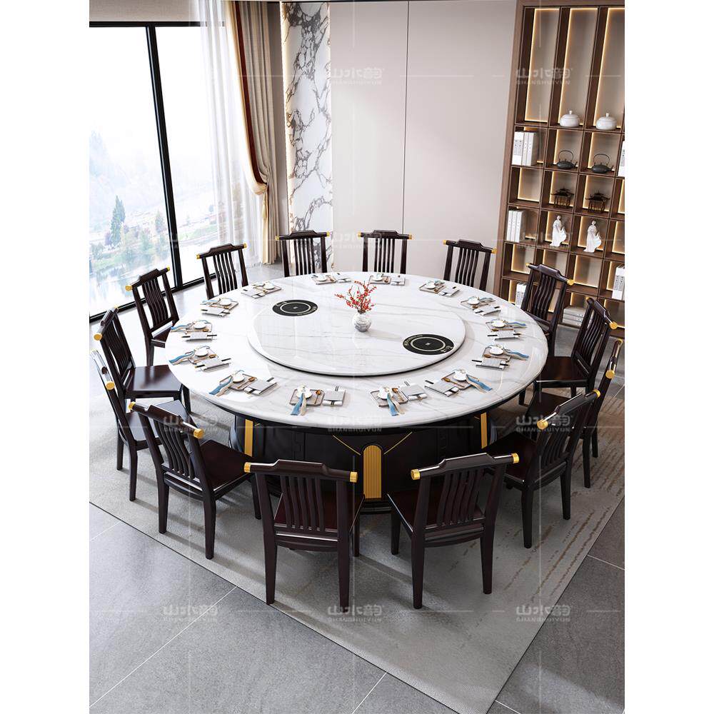 全实木酒店岩板电动大圆桌家用饭店包厢12人16人18人20人电动餐桌