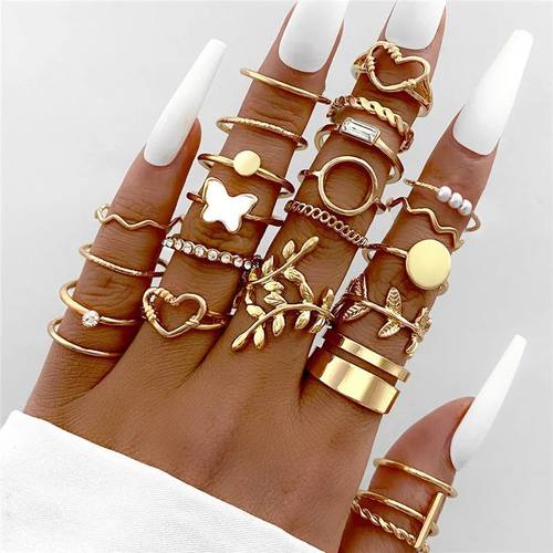 24PCS/SET Vintage Gold Color Heart Rings Set For Women Men H