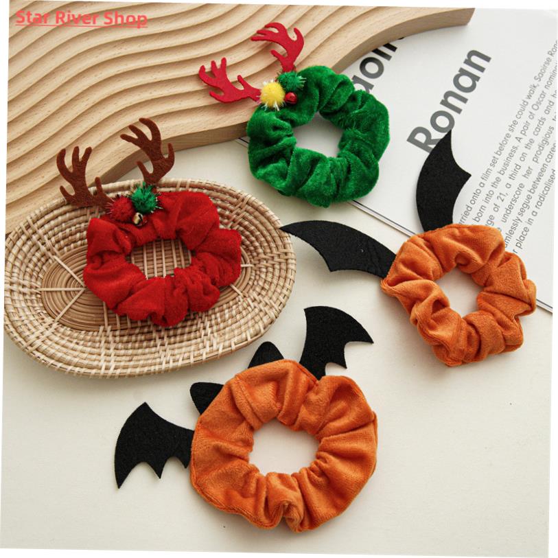 Halloween Christmas Flannel Scrunchie Velvet Women Elastic H