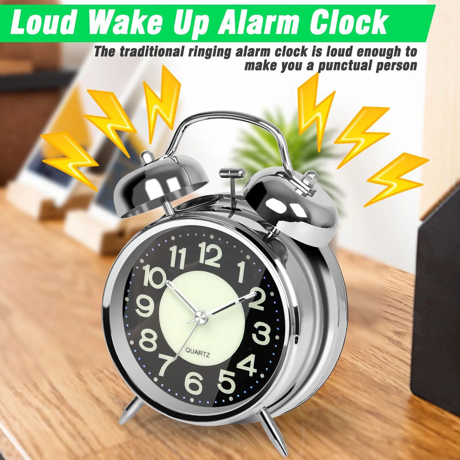 4 Inches Twin Bell Super Loud Alarm Clock With Nightlight Fo