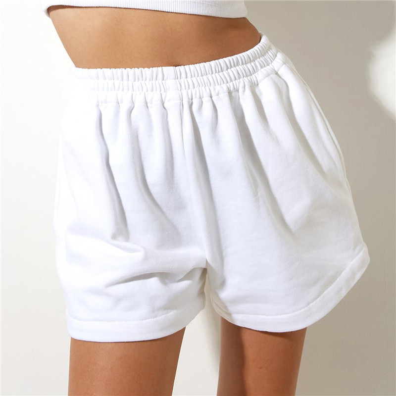 Women Summer Casual Sweat Shorts Solid Color High Waist Elas