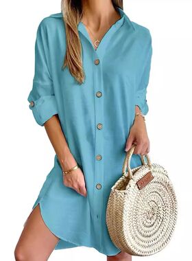 Solid Color Button Front Shirt Dress Casual Long Sleeve Lape