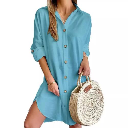 Solid Color Button Front Shirt Dress Casual Long Sleeve Lape