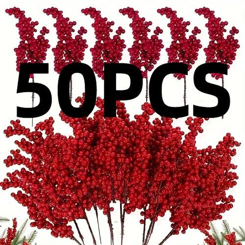 50pcs Artificial Red Berry Branches Premium Microfiber Faux