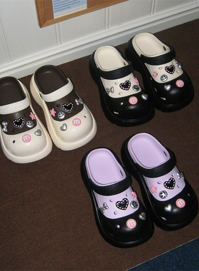 女士休闲包头时尚蝴蝶结凉拖鞋lo鞋甜酷紫色防滑软厚底洞洞鞋夏季