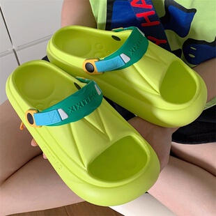 时尚外穿荧光绿运动风凉拖鞋男士女士夏季个性防滑舒适厚底沙滩鞋