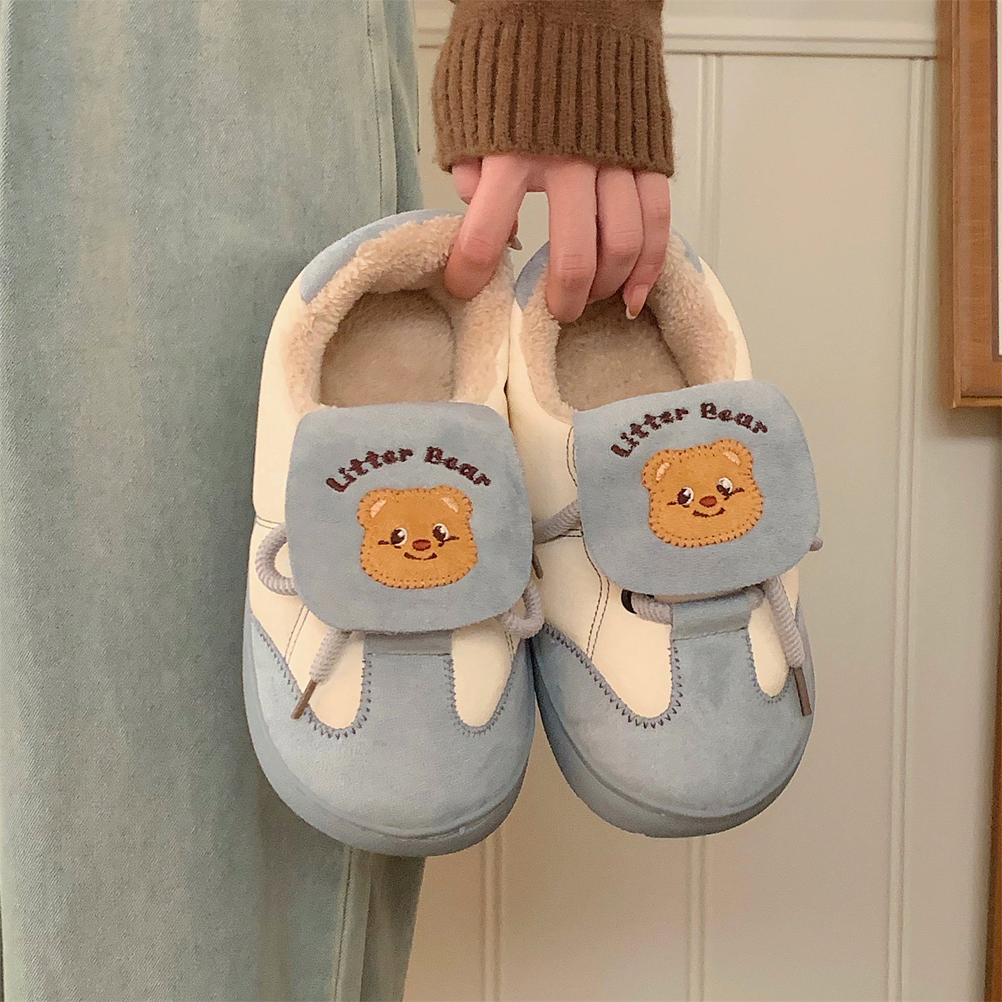 百搭可爱小熊板鞋保暖加绒防滑冬