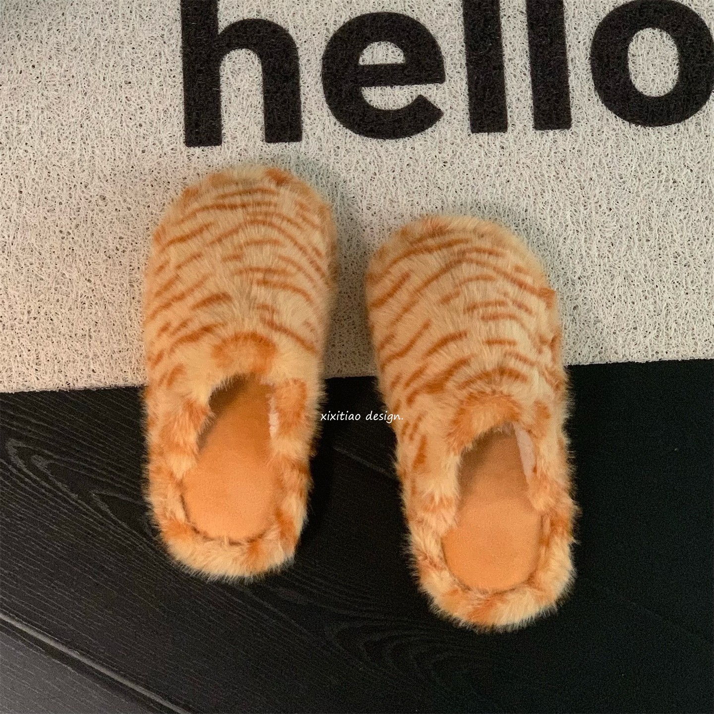 可爱橘猫纹毛毛鞋女保暖学生居家