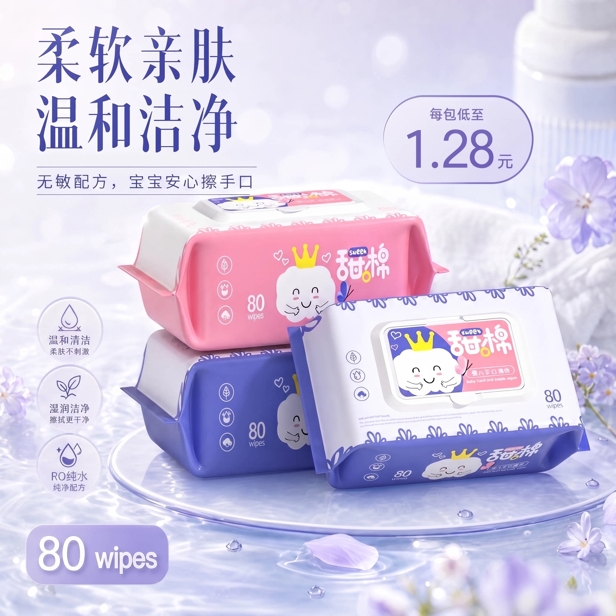 甜棉婴儿纯水手口湿巾80抽