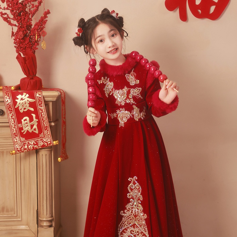2025新款女童礼服红色公主裙春秋加绒儿童高端主持人花童小女