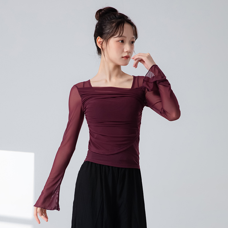 2025新款古典舞练功服女瑜伽普拉提修身喇叭袖褶皱长袖上衣现