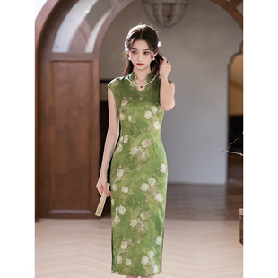 旗袍复古牡丹印花温婉气质修身 绿色无袖 显瘦连 新中式 2026新款