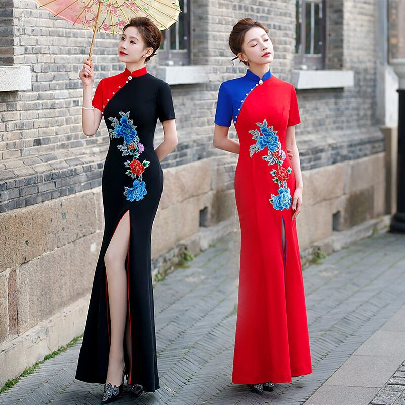 2026新款走秀旗袍长款中国风高开叉大码礼仪演出服修身显瘦鱼尾裙