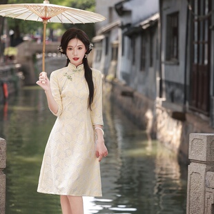 时尚 年轻款 改良新中式 2026新款 七分袖 新品 长款 复古蕾 春季