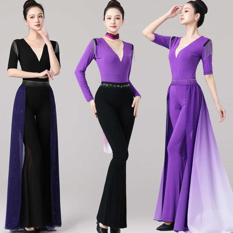 2026新款形体训练服装女烫钻高腰喇叭裤礼仪导师舞蹈模特走秀练功