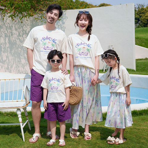2026新款洋气亲子装夏季宽松印花短袖T恤紫色一家三口母女装半身