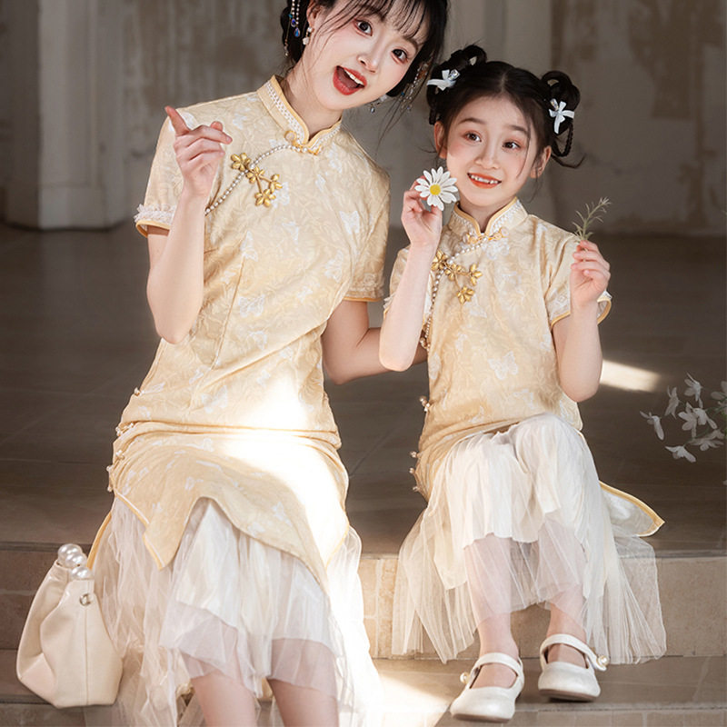 2026新款亲子装母女装儿童旗袍夏季中国风古装长款短袖连衣裙夏高