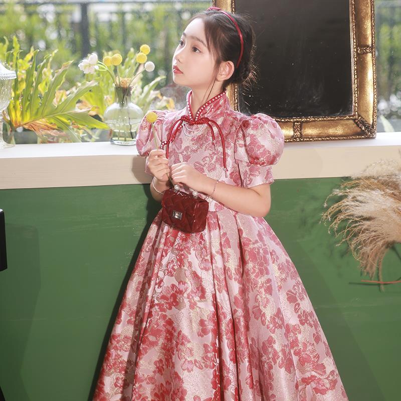2026新款婚礼小花童法式旗袍红色礼服女童生日公主裙儿童小主持人