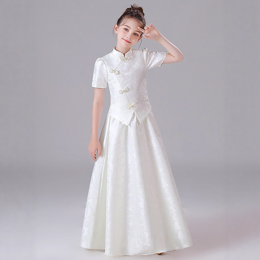 2026新款白色新中式女童礼服旗袍花童婚礼公主裙儿童主持人钢琴古
