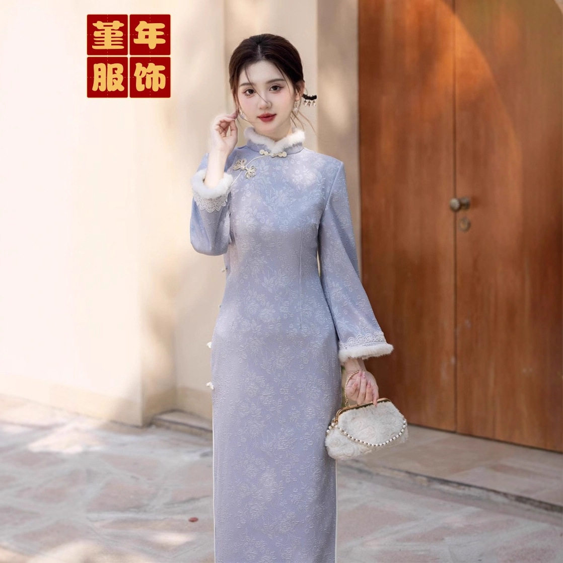 2026新款堇年旗袍季提花复合超柔加毛长袖浅紫旗袍改良旗袍高品质