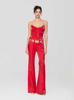 vowow霹雳娇娃珠光缎性感显白红宝石辣妹套装