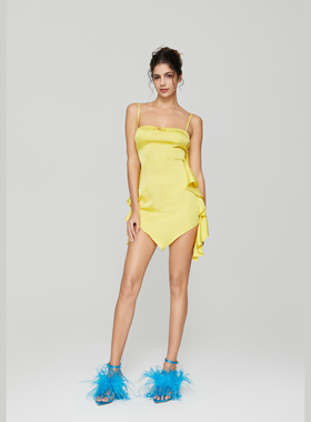 vowow夏日午后热情活力女神缎水晶版荷叶边飘带连衣裙金盏花黄