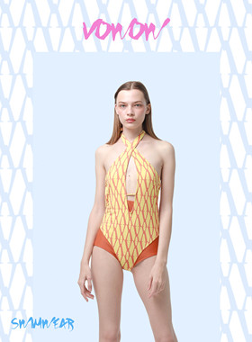 VOWOW原创 柠黄撞色复古高腰高胯显大长腿温泉度假连体泳衣女