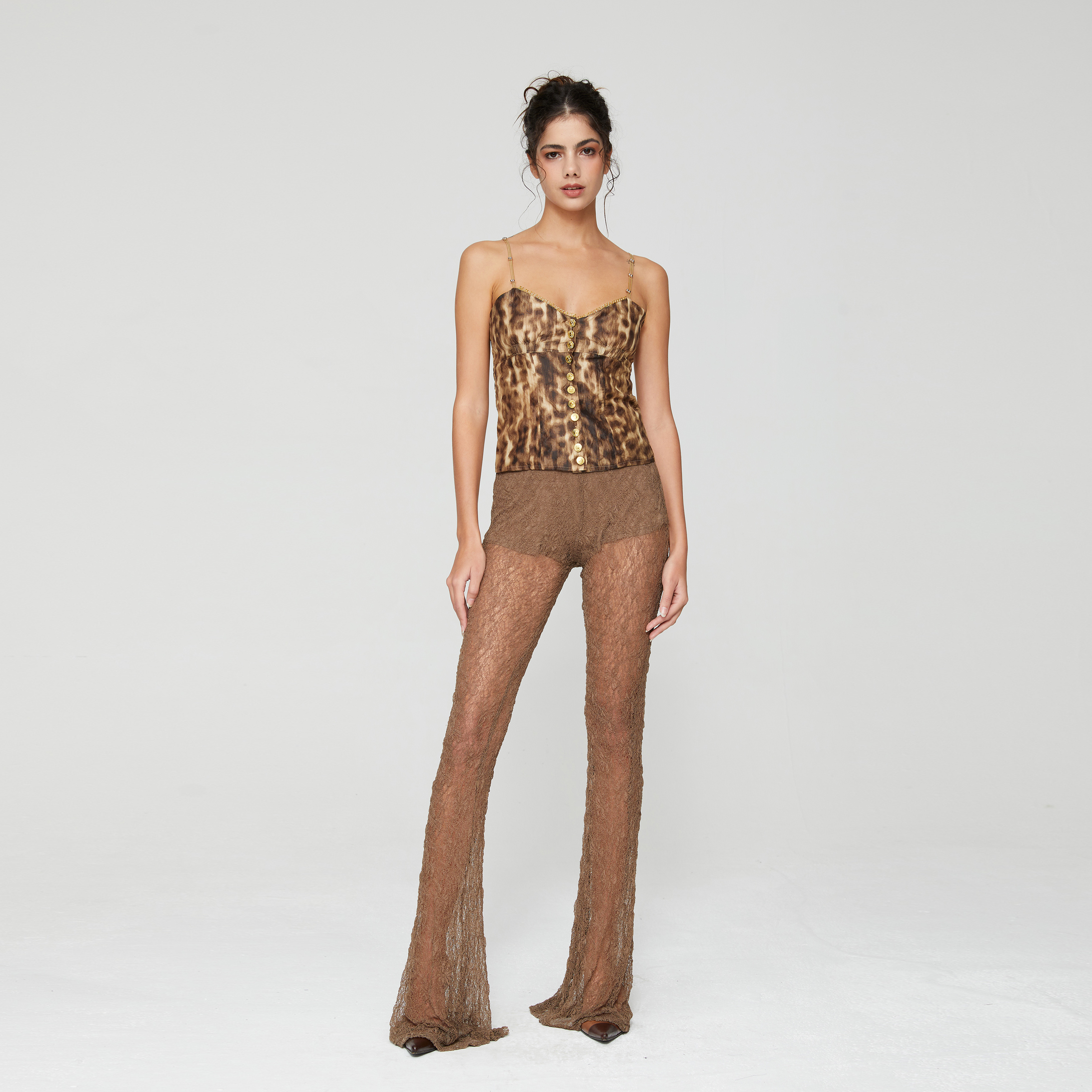 vowow金钱豹辣妹风百搭豹纹吊带配弹力蕾丝网喇叭裤套装