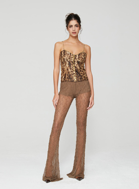 vowow金钱豹辣妹风百搭豹纹吊带配弹力蕾丝网喇叭裤套装