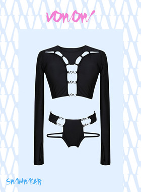 VOWOW原创 黑色镂空长袖分体设计冲浪潜水服套装 时尚款运动泳衣