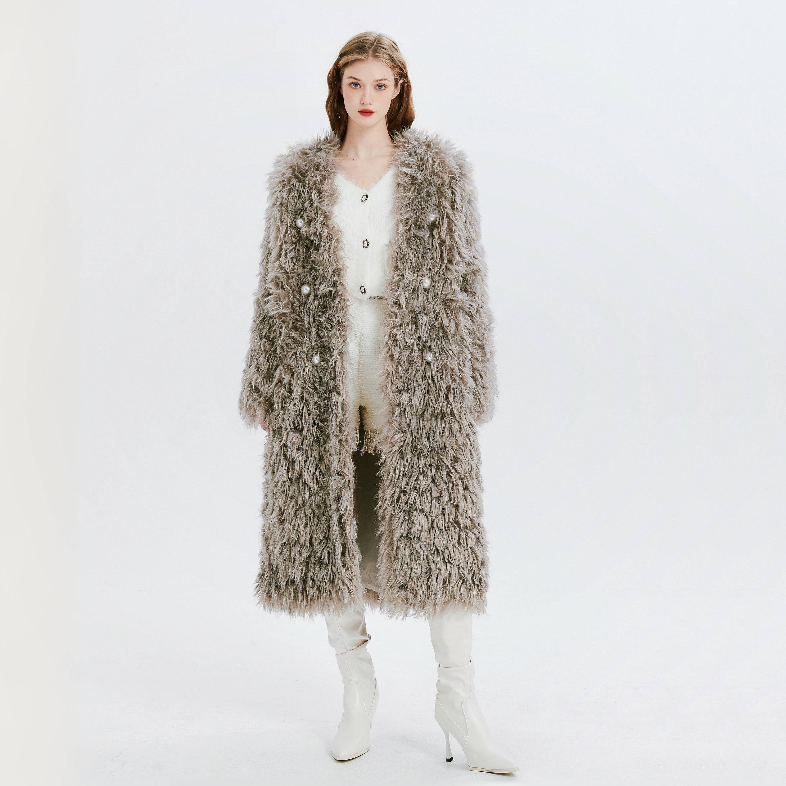 VOWOW 西班牙仿羊毛铂金灰珍珠大衣