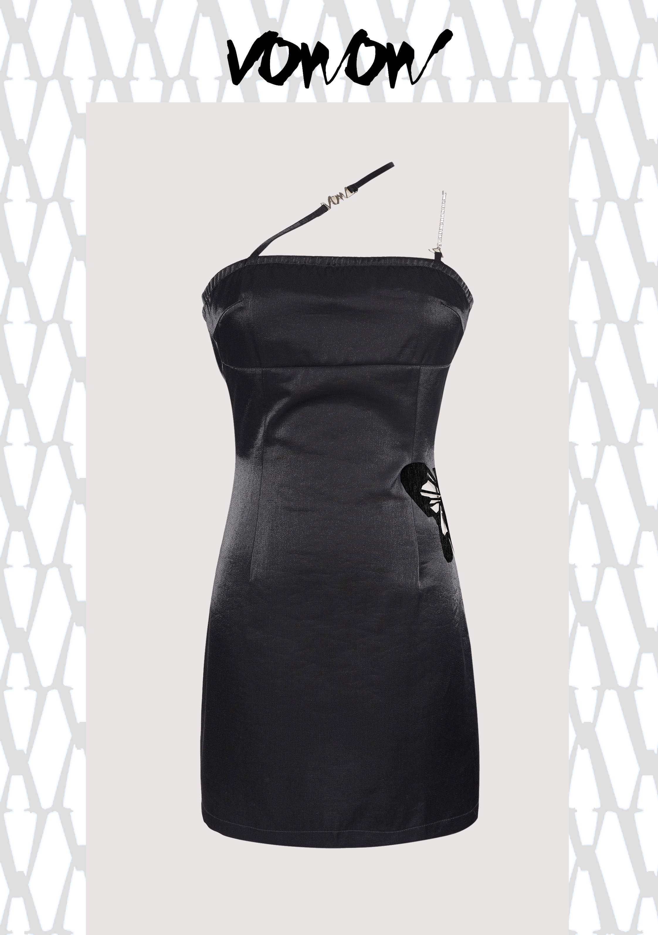 vowow盛夏蝴蝶侧腰黑蝴蝶亮光气质修身性感包臀连衣裙