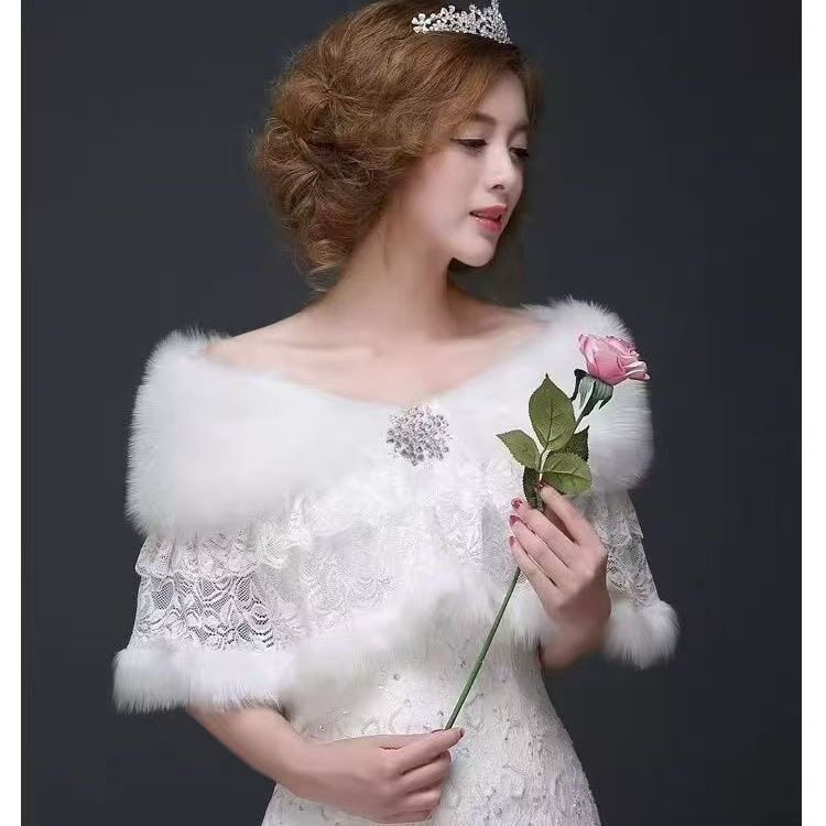 白色毛绒披肩女冬季保暖婚纱礼服配饰优雅气质毛领子