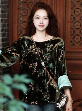 《ELFBOX》时尚复古中国风新中式气质提花丝绒衬衫6172