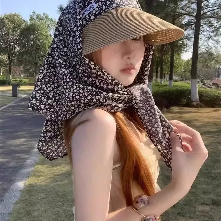 绑带丝巾草编帽子女防晒帽夏季防紫外线新款遮发护颈遮阳帽太阳帽